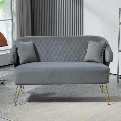 HOMCOM Sofá de 2 Lugares Estofado em Veludo Sofá Sala de Estar com 2 Almofadas Apoio para o Braço e Pés de Aço Dourado Sofá Pequeno Carga 240 kg para Dormitório Escritório 124x69x76 cm Cinza