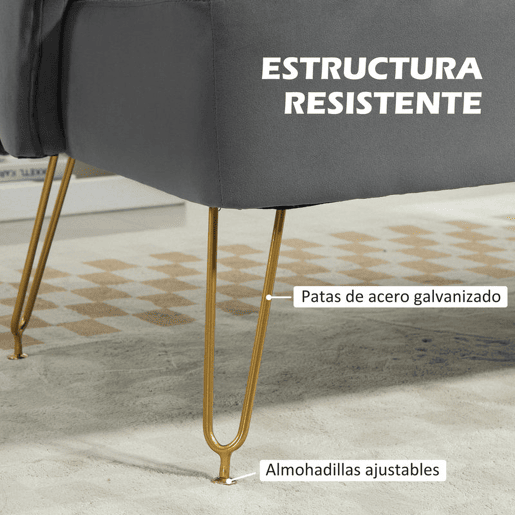 HOMCOM Sofá de 2 Lugares Estofado em Veludo Sofá Sala de Estar com 2 Almofadas Apoio para o Braço e Pés de Aço Dourado Sofá Pequeno Carga 240 kg para Dormitório Escritório 124x69x76 cm Cinza