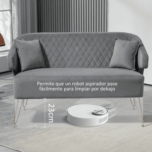 HOMCOM Sofá de 2 Lugares Estofado em Veludo Sofá Sala de Estar com 2 Almofadas Apoio para o Braço e Pés de Aço Dourado Sofá Pequeno Carga 240 kg para Dormitório Escritório 124x69x76 cm Cinza
