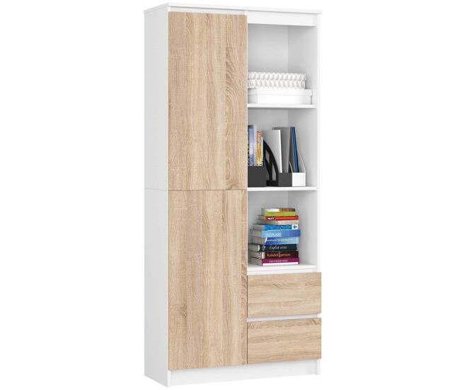 Librería akord r11 blanco 80 cm 1 puerta 2 cajones frente en color roble sonoma 7 estantes 80x35x180 cm