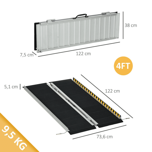 HOMCOM Rampa para Cadeira de Rodas Dobrável de Liga Alumínio 122 Rampa Portátil com Autocolantes Reflectores Carga 272 kg 122x73,6x5,1 cm Preto