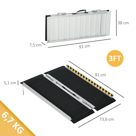HOMCOM Rampa para Cadeira de Rodas Dobrável de Liga Alumínio 122 Rampa Portátil com Autocolantes Reflectores Carga 272 kg 91x73,6x5,1 cm Preto