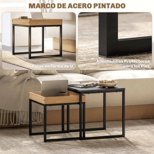 HOMCOM Mesas Auxiliares para Sala de Estar Conjunto de 2 Mesas com Estrutura de Aço Mesas de Centro Pequenas para Dormitório Preto e Carvalho
