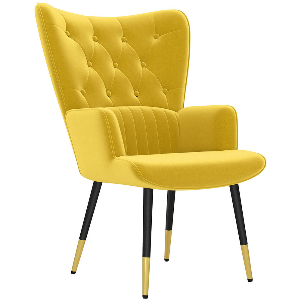 Homcom sillón individual butaca de dormitorio butaca de salón tapizado en terciopelo con respaldo alto reposabrazos y patas de acero estilo moderno 68x72x103 cm amarillo