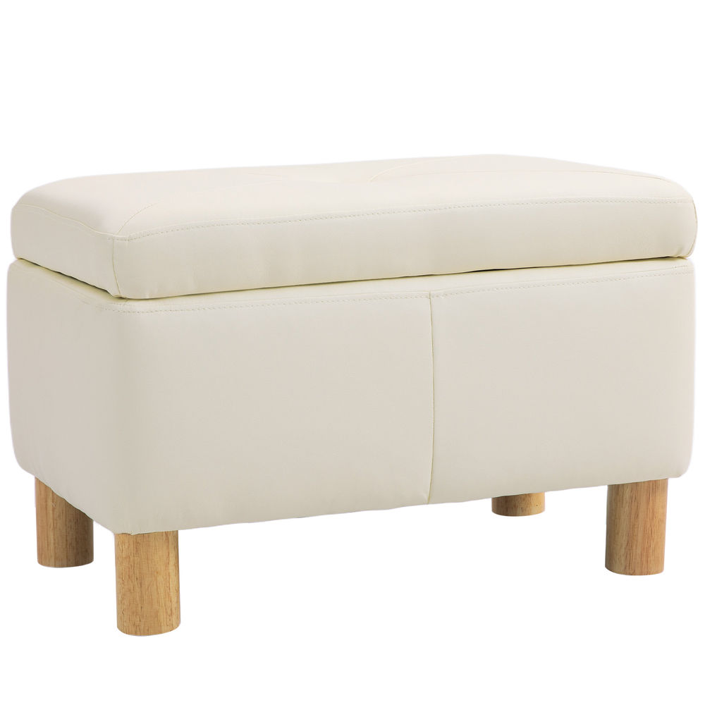 Homcom baúl de almacenaje para dormitorio 33l puff almacenaje tapizado en pu banco de almacenaje con patas de madera para pasillo salón 60x38x40 cm crema