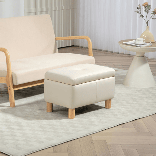 HOMCOM Baú de Armazenamento para Dormitório 33L Puff de Armazenamento Estofado em PU Banco de Arrumação com Pés de Madeira para Corredor Sala de Estar 60x38x40 cm Creme