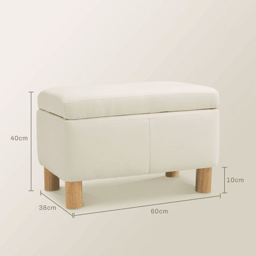 HOMCOM Baú de Armazenamento para Dormitório 33L Puff de Armazenamento Estofado em PU Banco de Arrumação com Pés de Madeira para Corredor Sala de Estar 60x38x40 cm Creme