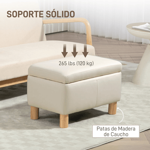 HOMCOM Baú de Armazenamento para Dormitório 33L Puff de Armazenamento Estofado em PU Banco de Arrumação com Pés de Madeira para Corredor Sala de Estar 60x38x40 cm Creme