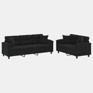 vidaXL 2 pcs conjunto sofás c almofadas tecido de microfibra preto