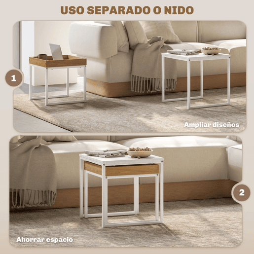 HOMCOM Mesas Auxiliares para Sala de Estar Conjunto de 2 Mesas com Estrutura de Aço Mesas de Centro Pequenas para Dormitório Branco e Carvalho