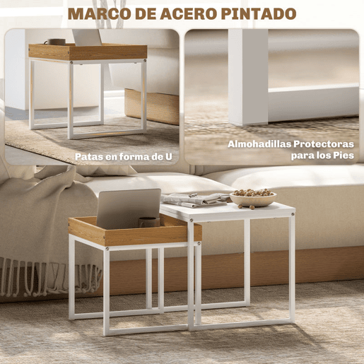 HOMCOM Mesas Auxiliares para Sala de Estar Conjunto de 2 Mesas com Estrutura de Aço Mesas de Centro Pequenas para Dormitório Branco e Carvalho