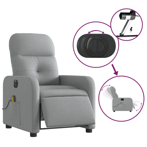 vidaXL Poltrona de massagens reclinável elétrica tecido cinzento-claro vidaXL Poltrona de massagens reclinável elétrica tecido cinzento-claro
