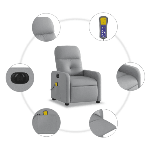 vidaXL Poltrona de massagens reclinável elétrica tecido cinzento-claro vidaXL Poltrona de massagens reclinável elétrica tecido cinzento-claro