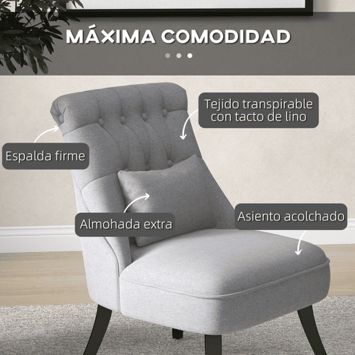 HOMCOM Poltrona de Dormitório Moderna Poltrona de Sala de Estar Estofado em Linho com Almofada e Estrutura de Madeira para Sala de Estar 52,5x69x77 cm Cinza