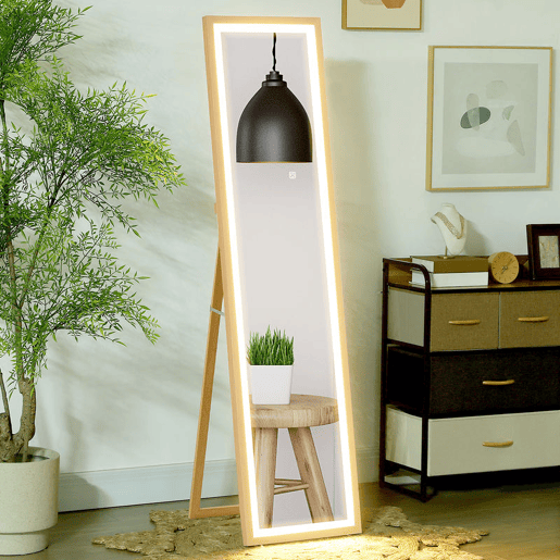 HOMCOM Espelho de Pé com Luz LED 40x160 cm Espelho de Corpo Inteiro com Iluminação de 3 Cores Tátil Função de Memória e Suporte para Sala de Estar Dormitório Madeira