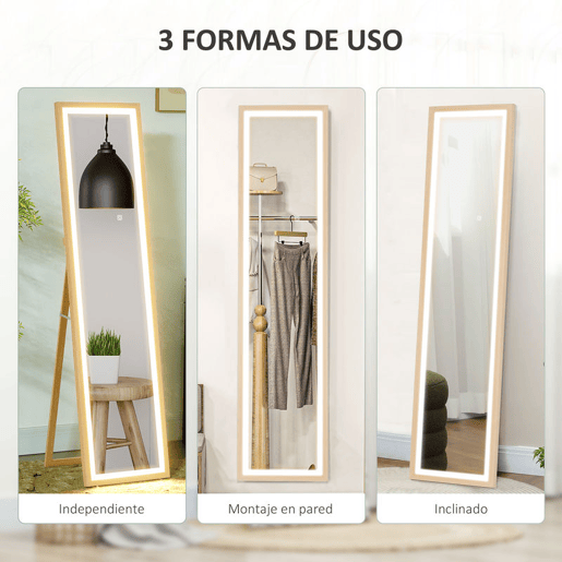 HOMCOM Espelho de Pé com Luz LED 40x160 cm Espelho de Corpo Inteiro com Iluminação de 3 Cores Tátil Função de Memória e Suporte para Sala de Estar Dormitório Madeira