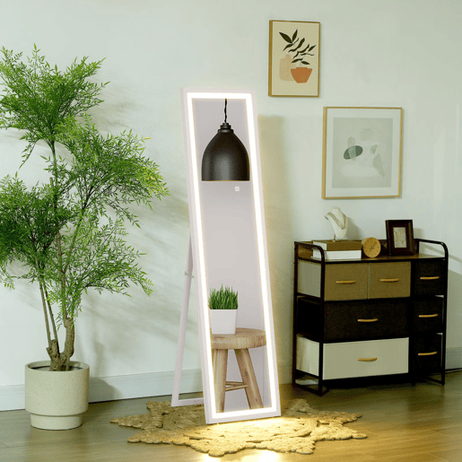 HOMCOM Espelho de Pé com Luz LED 40x160 cm Espelho de Corpo Inteiro com Iluminação de 3 Cores Tátil Função de Memória e Suporte para Sala de Estar Dormitório Branco