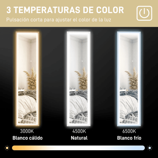 HOMCOM Espelho de Pé com Luz LED 40x160 cm Espelho de Corpo Inteiro com Iluminação de 3 Cores Tátil Função de Memória e Suporte para Sala de Estar Dormitório Branco
