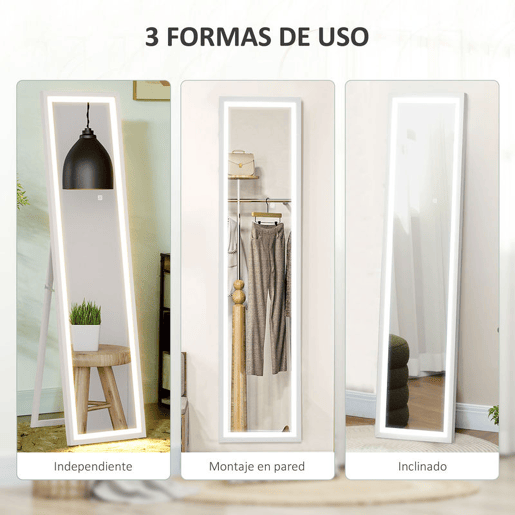 HOMCOM Espelho de Pé com Luz LED 40x160 cm Espelho de Corpo Inteiro com Iluminação de 3 Cores Tátil Função de Memória e Suporte para Sala de Estar Dormitório Branco