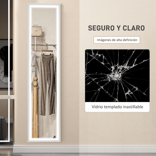 HOMCOM Espelho de Pé com Luz LED 40x160 cm Espelho de Corpo Inteiro com Iluminação de 3 Cores Tátil Função de Memória e Suporte para Sala de Estar Dormitório Branco