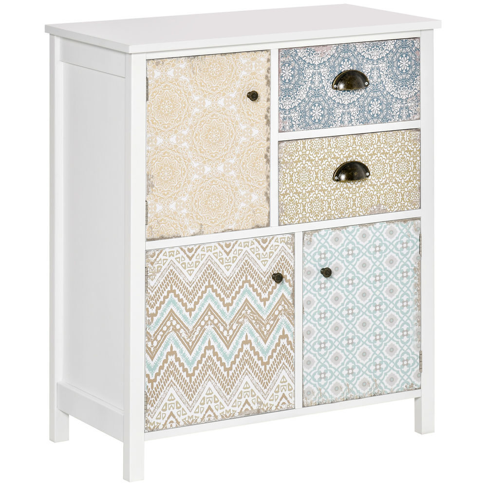 Homcom cómoda de dormitorio cajonera con 2 cajones y 3 compartimentos con frontales estampados y tiradores vintage mueble cajonera para salón oficina 68x34x80 cm multicolor