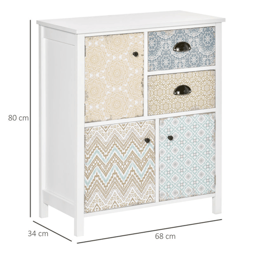 HOMCOM Cómoda com 2 Gavetas Cómoda para Dormitório Estilo Boémio com 3 Compartimentos Desenho Anti-Tombo para Sala de Estar Corredor 68x34x80 cm Multicor