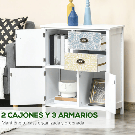 HOMCOM Cómoda com 2 Gavetas Cómoda para Dormitório Estilo Boémio com 3 Compartimentos Desenho Anti-Tombo para Sala de Estar Corredor 68x34x80 cm Multicor