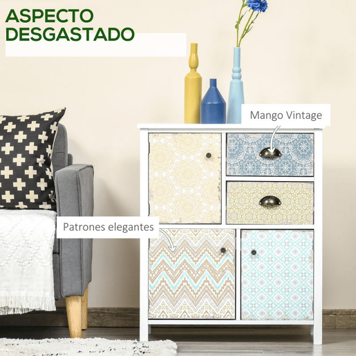 HOMCOM Cómoda com 2 Gavetas Cómoda para Dormitório Estilo Boémio com 3 Compartimentos Desenho Anti-Tombo para Sala de Estar Corredor 68x34x80 cm Multicor