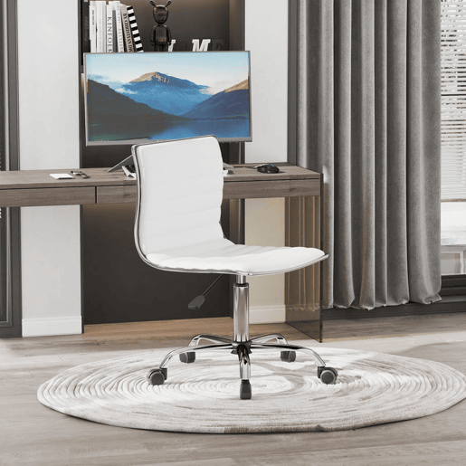 HOMCOM Cadeira de Escritório sem Apoio para os Braços Cadeira de Escritório Giratória com Altura Ajustável Cadeira para Estudo Estofada em PU Carga 120 kg 48x52x78-90 cm Branco