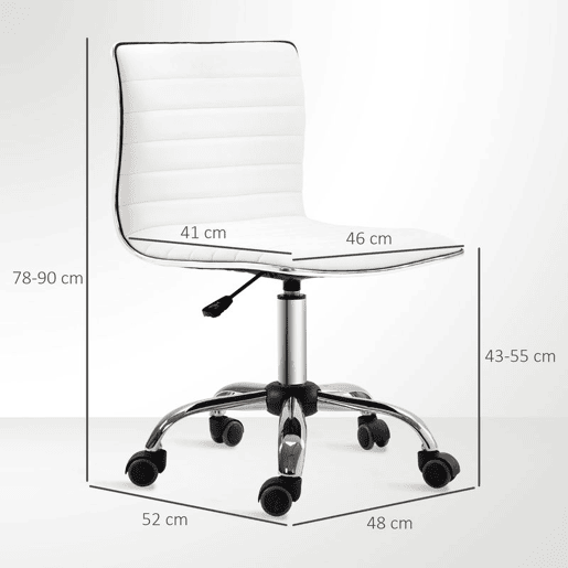 HOMCOM Cadeira de Escritório sem Apoio para os Braços Cadeira de Escritório Giratória com Altura Ajustável Cadeira para Estudo Estofada em PU Carga 120 kg 48x52x78-90 cm Branco