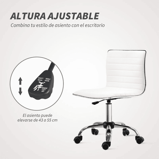 HOMCOM Cadeira de Escritório sem Apoio para os Braços Cadeira de Escritório Giratória com Altura Ajustável Cadeira para Estudo Estofada em PU Carga 120 kg 48x52x78-90 cm Branco