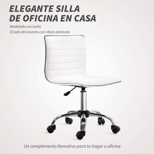HOMCOM Cadeira de Escritório sem Apoio para os Braços Cadeira de Escritório Giratória com Altura Ajustável Cadeira para Estudo Estofada em PU Carga 120 kg 48x52x78-90 cm Branco