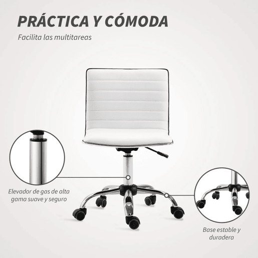 HOMCOM Cadeira de Escritório sem Apoio para os Braços Cadeira de Escritório Giratória com Altura Ajustável Cadeira para Estudo Estofada em PU Carga 120 kg 48x52x78-90 cm Branco
