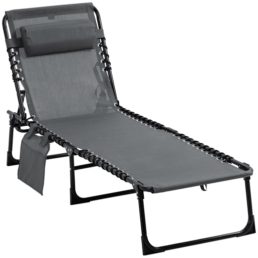Outsunny Espreguiçadeira Dobrável, Espreguiçadeira Jardim Exterior Reclinável 5 Posições, com Apoio de Cabeça Acolchoado, Bolso Lateral e Estrutura de Aço, para Terraço, Piscina, 189x58x30 cm, Cinzento