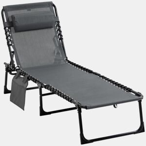 Outsunny Espreguiçadeira Dobrável, Espreguiçadeira Jardim Exterior Reclinável 5 Posições, com Apoio de Cabeça Acolchoado, Bolso Lateral e Estrutura de Aço, para Terraço, Piscina, 189x58x30 cm, Cinzento