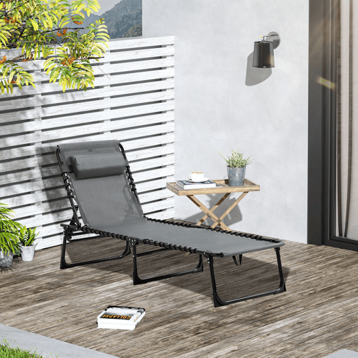 Outsunny Espreguiçadeira Dobrável, Espreguiçadeira Jardim Exterior Reclinável 5 Posições, com Apoio de Cabeça Acolchoado, Bolso Lateral e Estrutura de Aço, para Terraço, Piscina, 189x58x30 cm, Cinzento