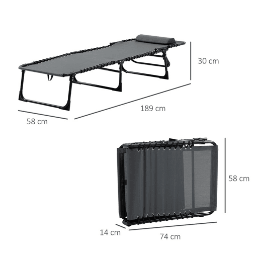Outsunny Espreguiçadeira Dobrável, Espreguiçadeira Jardim Exterior Reclinável 5 Posições, com Apoio de Cabeça Acolchoado, Bolso Lateral e Estrutura de Aço, para Terraço, Piscina, 189x58x30 cm, Cinzento