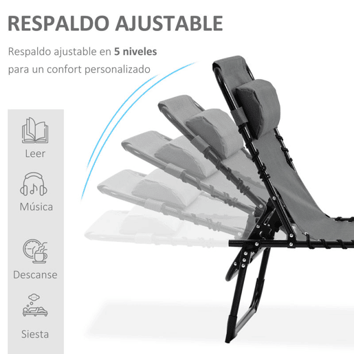 Outsunny Espreguiçadeira Dobrável, Espreguiçadeira Jardim Exterior Reclinável 5 Posições, com Apoio de Cabeça Acolchoado, Bolso Lateral e Estrutura de Aço, para Terraço, Piscina, 189x58x30 cm, Cinzento