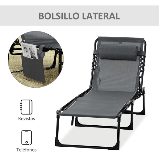Outsunny Espreguiçadeira Dobrável, Espreguiçadeira Jardim Exterior Reclinável 5 Posições, com Apoio de Cabeça Acolchoado, Bolso Lateral e Estrutura de Aço, para Terraço, Piscina, 189x58x30 cm, Cinzento