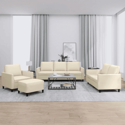 vidaXL 4 pcs conjunto sofás c almofadões couro artificial cor creme vidaXL 4 pcs conjunto sofás c almofadões couro artificial cor creme