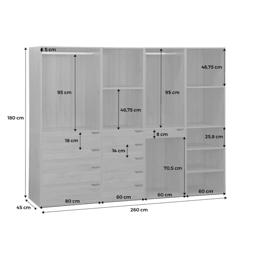 Kit de roupeiro modular com 4 unidades, Modulo, Madeira de nogueira, 260x45x180 cm