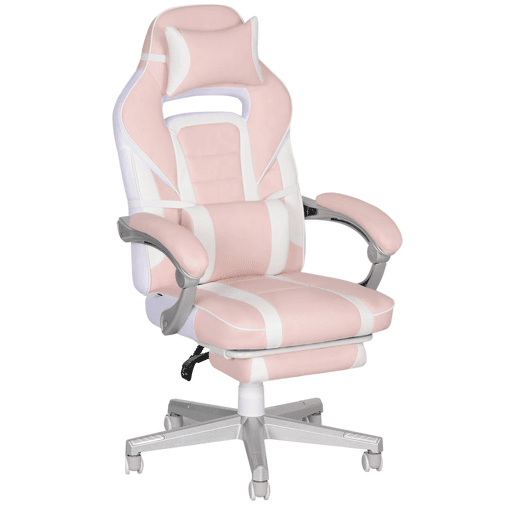 HOMCOM Cadeira Gaming Reclinável com Altura Ajustável, Apoio para os Pés Retrátil, Suporte Lombar e Almofada de Cabeça Removível, para Escritório, Estudo, Rosa