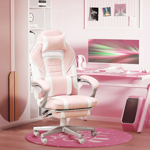 HOMCOM Cadeira Gaming Reclinável com Altura Ajustável, Apoio para os Pés Retrátil, Suporte Lombar e Almofada de Cabeça Removível, para Escritório, Estudo, Rosa