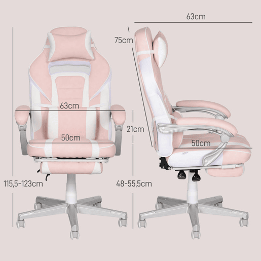 HOMCOM Cadeira Gaming Reclinável com Altura Ajustável, Apoio para os Pés Retrátil, Suporte Lombar e Almofada de Cabeça Removível, para Escritório, Estudo, Rosa