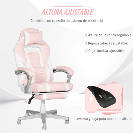HOMCOM Cadeira Gaming Reclinável com Altura Ajustável, Apoio para os Pés Retrátil, Suporte Lombar e Almofada de Cabeça Removível, para Escritório, Estudo, Rosa