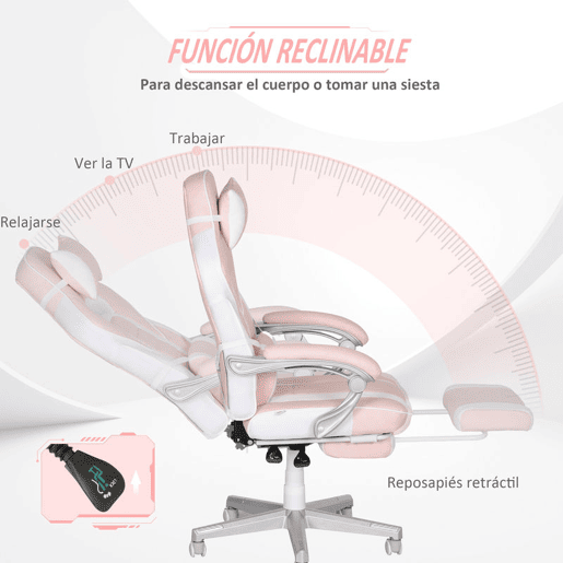HOMCOM Cadeira Gaming Reclinável com Altura Ajustável, Apoio para os Pés Retrátil, Suporte Lombar e Almofada de Cabeça Removível, para Escritório, Estudo, Rosa
