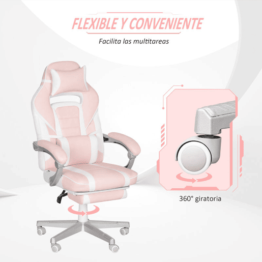 HOMCOM Cadeira Gaming Reclinável com Altura Ajustável, Apoio para os Pés Retrátil, Suporte Lombar e Almofada de Cabeça Removível, para Escritório, Estudo, Rosa