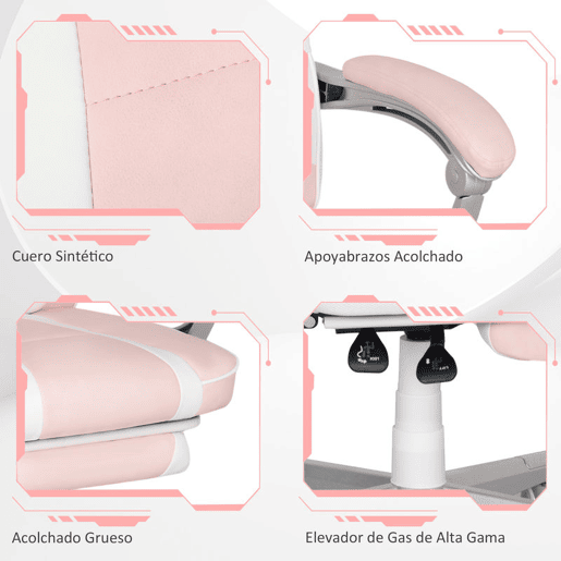 HOMCOM Cadeira Gaming Reclinável com Altura Ajustável, Apoio para os Pés Retrátil, Suporte Lombar e Almofada de Cabeça Removível, para Escritório, Estudo, Rosa