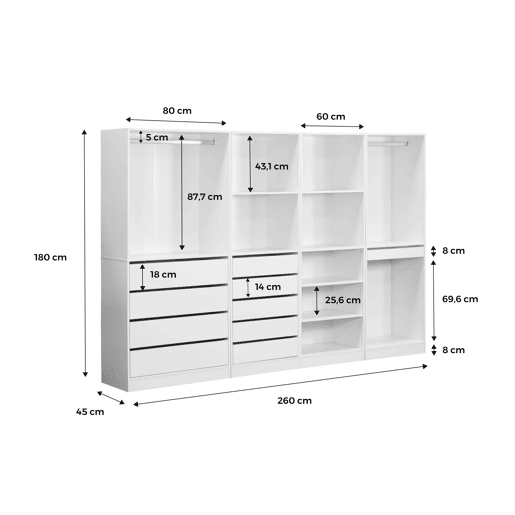 Kit de roupeiro modular com 4 unidades, Modulo, Natural, 260x45x180 cm