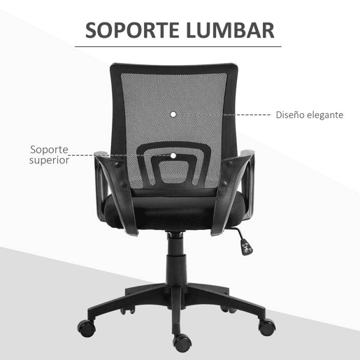 HOMCOM Cadeira de Escritório de Malha Cadeira de Escritório Giratória com Altura Ajustável Função Basculante e Apoio para os Braços Cadeira de Estúdio Carga 120 kg 57x55x89-109 cm Preto